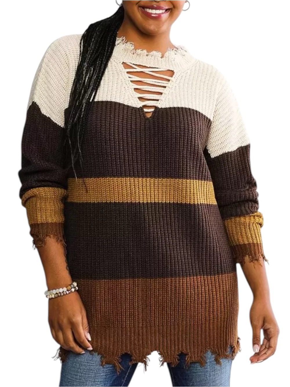 DAYTRIP Destructed Shaker Knit Colorblock Distressed Sweater Brown Large